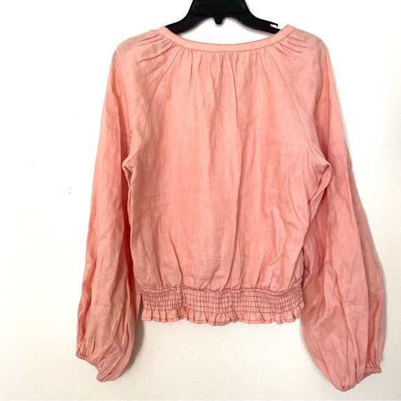 We Are Kindred Top 100% Linen Coral Salmon Puff Sleeve Tie Neck Womens Size US 6 - Picture 2 of 6
